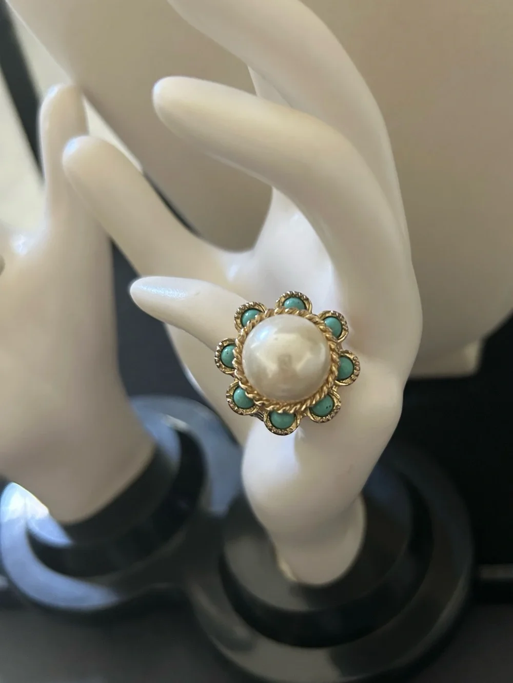 Gold Flower Statement Stretch Ring with Pearl with Faux Turquoise Accents